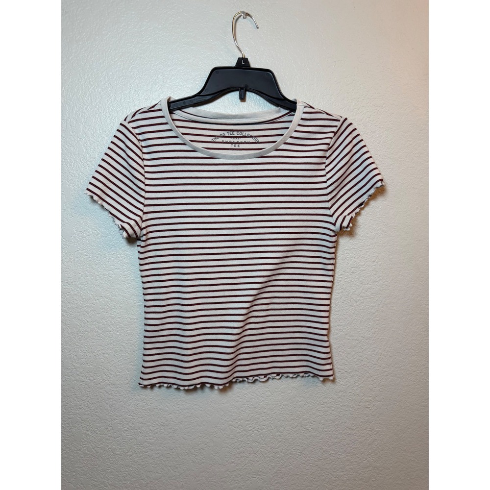 Aeropostale OG Tee Collection Shrunken Ribbed Striped Lettuce Edge Top Large